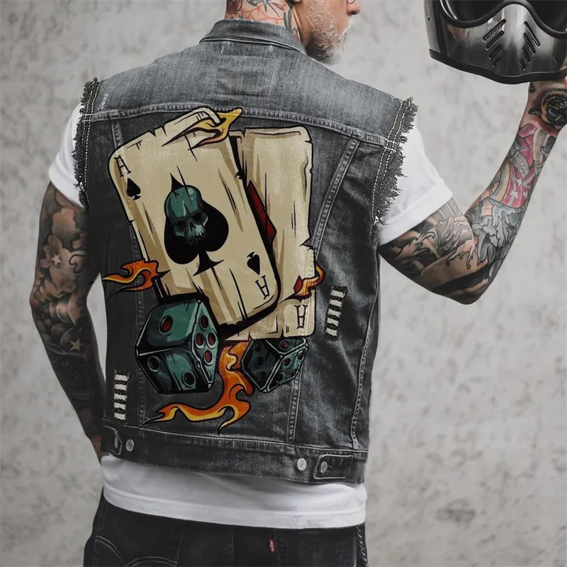 New Mens Motorcycle Vest Skull Print Hip Hop Punk Rock Biker Denim Vest Waistcoat Hole Ripped Cotton Sleevless Jean Jacket Coat