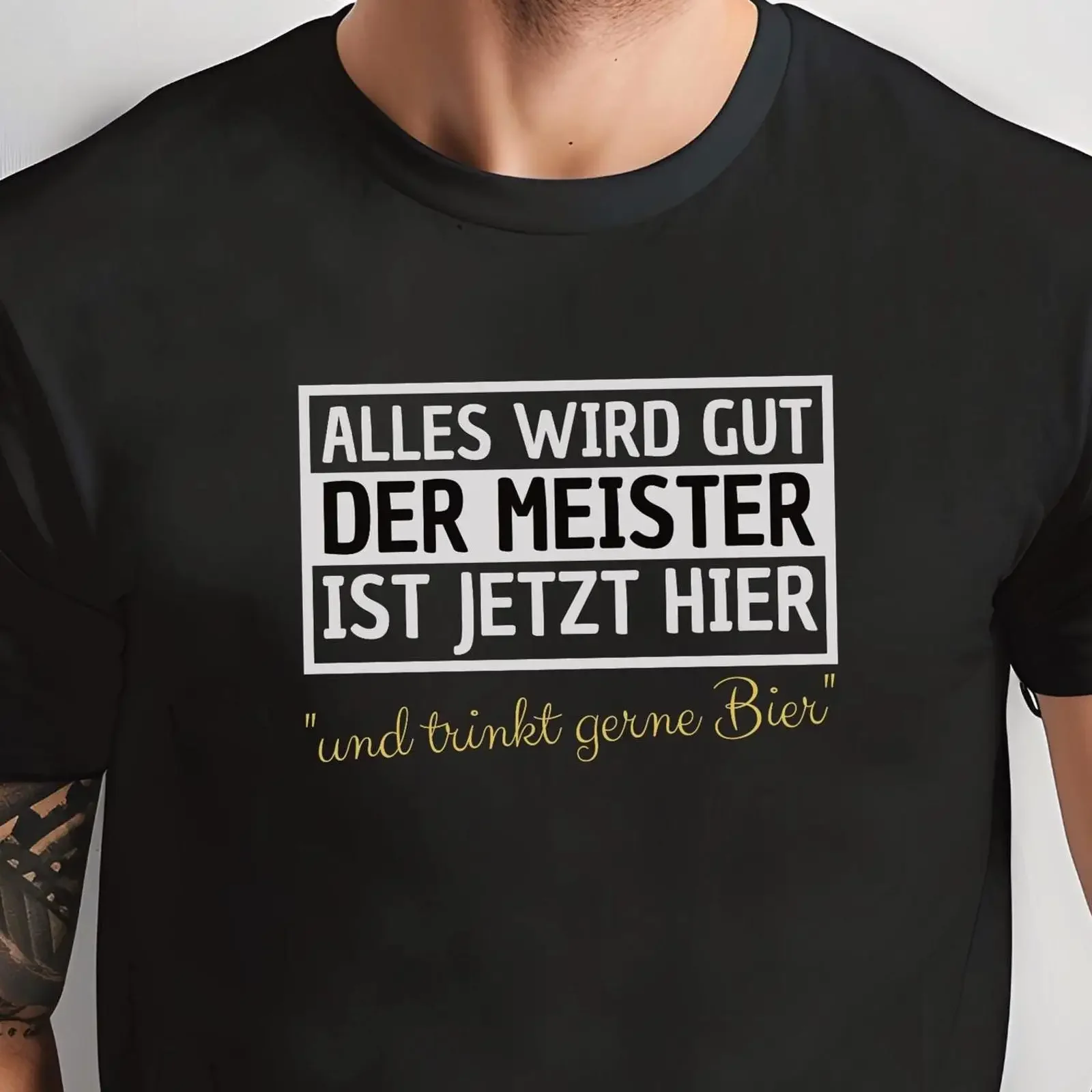 Фото Забавная футболка с немецким пивным слоганом «Alles Wird Gut Der Meister Ist Hier» — саркастическая, повседневная, винтажная, универсальная, стильная. №1