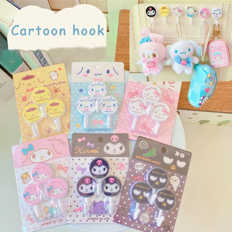 

3 шт. мультяшный милый настенный крючок Sanrio My Melody Cinnamoroll без отверстий, крючок для дома, кухни и туалета, прочный клейкий крючок