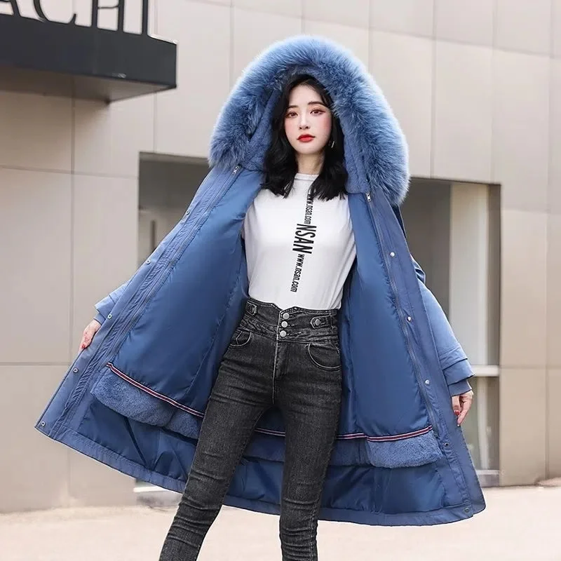 2022 New Snow Wear Long Parkas Winter Jacket Women Fur Collar Hooded Clothing Female Casual Fur Lining Thick Parka Winter Clothe