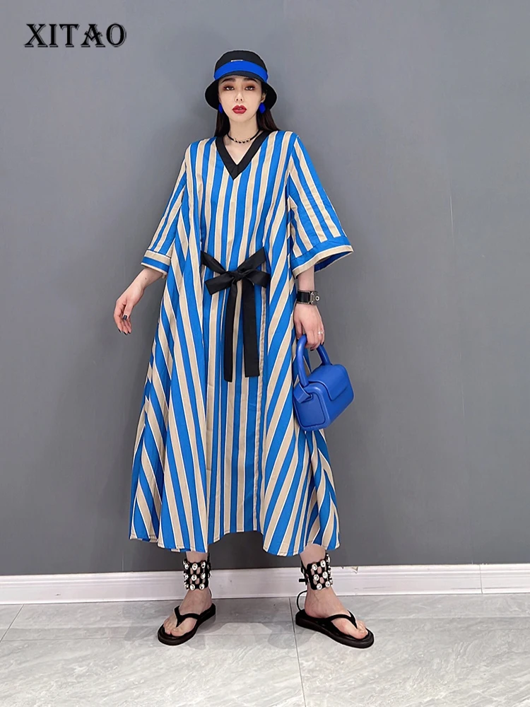 

XITAO Striped Bandage Dress Fashion Pullover Goddess Fan Casual Style Small Fresh Casual Style Loose 2022 Dress WMD5603