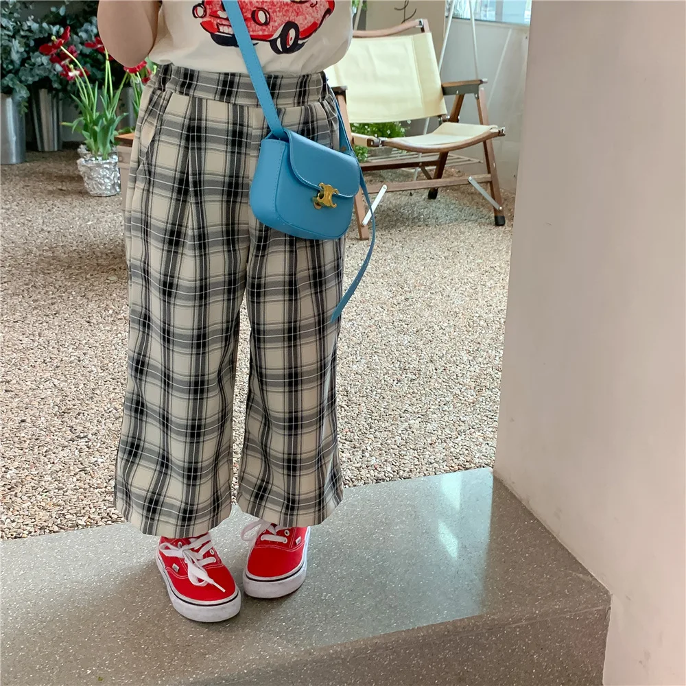 

Pants Elastic Waist Ankle Length Plaid Soft Comfortable Fashion Modern Simple Designable Casual Summer Children Girls