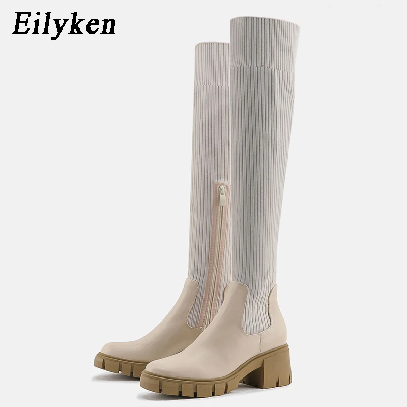 

Eilyken Winter Fashion Knitting Stretch Fabric Women Chunky Heel Over The Knee Boots Round Toe Platform Thigh High Shoes Female