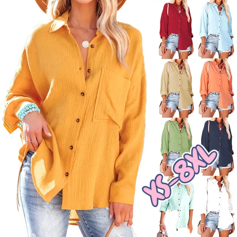 Купи Women Fashion Spring and Autumn Casual Long Sleeve Blouses Ladies Turn Down Collar Solid Color V-neck Tops Button Up Shirt за 517 рублей в магазине AliExpress