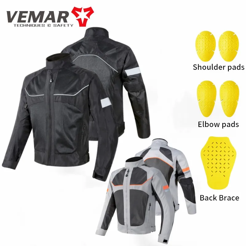 Vemar Men Motorcycle Jacket Summer Breathable Mesh Moto Jacket CE Protective Gear Motorcycle Coat Motorbike Clothing Black/Gray