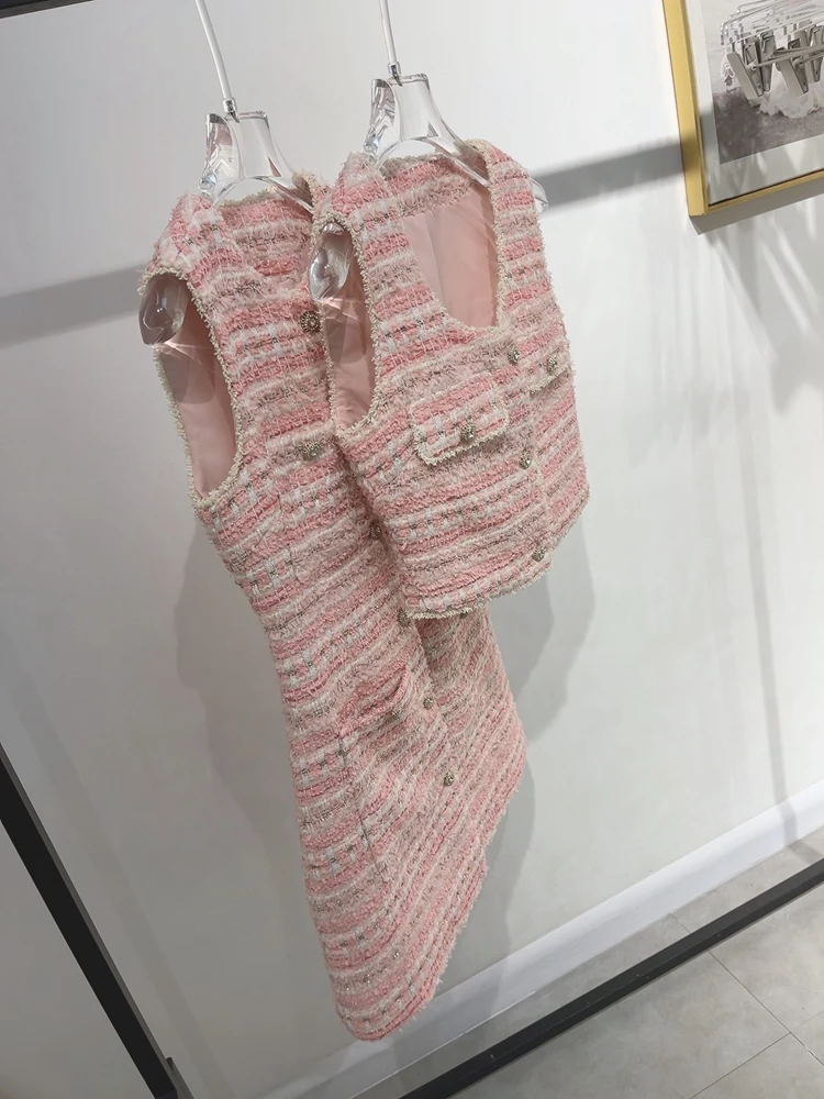 

Женское твидовое платье с бахромой, винтажное короткое платье без рукавов с круглым вырезом и бахромой в английском стиле, весна-лето 2023