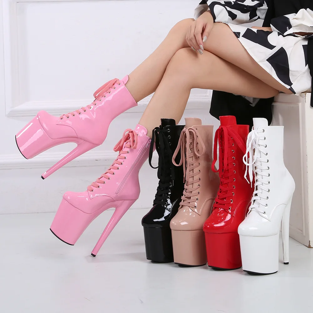 

Rome Style 20CM Extreme High Heels Platform Boots Lace Up Sexy Pole Dancing Ankle Boots Side Zip Nightclub Women Shoes 8 Inches