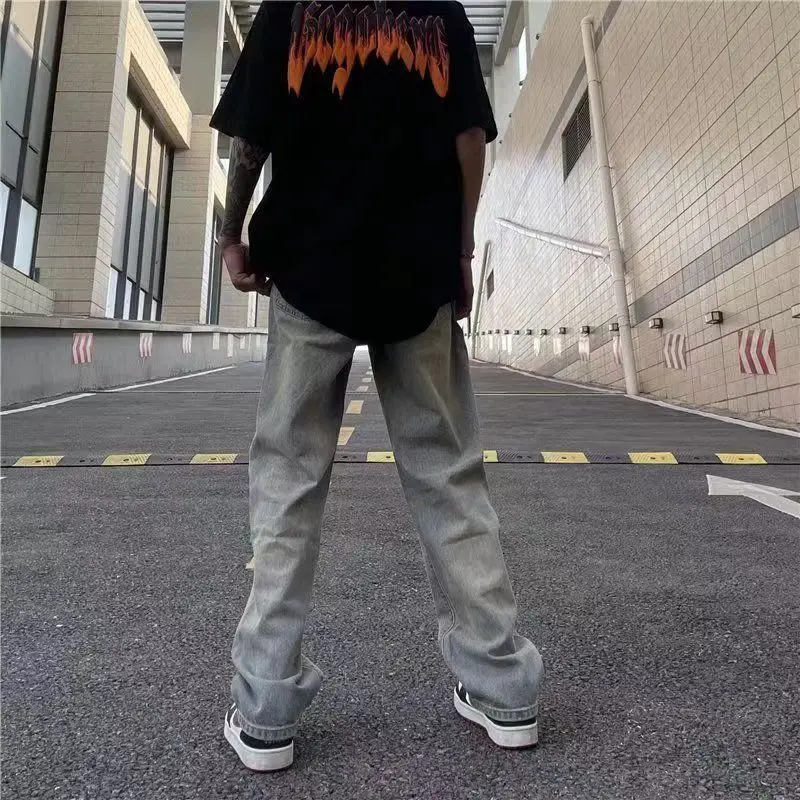 Men's Street Hole Jeans High Waist Blue Fashion Street Straight Pants Loose Retro Plus Size Women's Wide Leg Denim Trousers