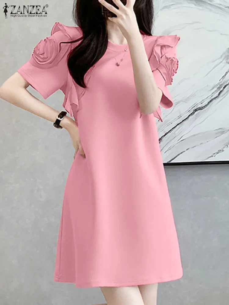 Модное женское платье ZANZEA с оборками летнее однотонное коротким рукавом до колен
