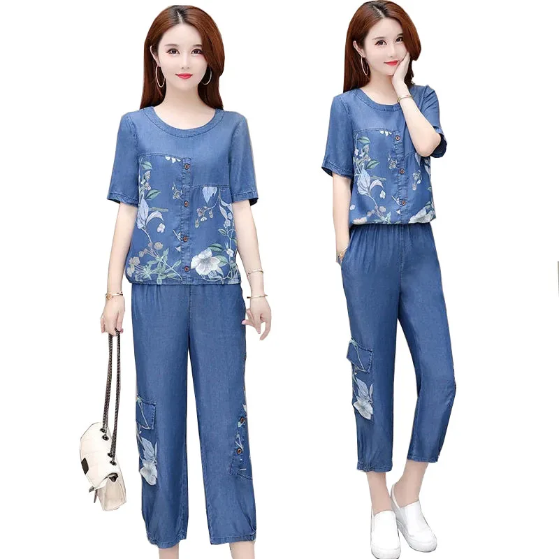 High quality Cowboy Set Summer Women's New Printed Stitching Fashion Female Sets Thin Denim Cropped Trousers Mother 2Pcs
