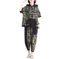 vintage women clothes set cotton loose top high waist harem pants womens summer casual camouflage stitching suits 4xl