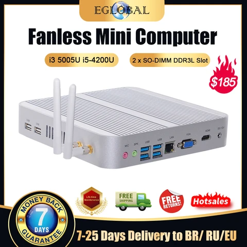 Процессор Eglobal Fanless мини-ПК Intel i5 4200U i3 5005U 2DDR3L 256G SSD Wifi5 Win10 Win11 RJ45 LAN HDMI VGA 8USB 3,0 Бесплатная доставка