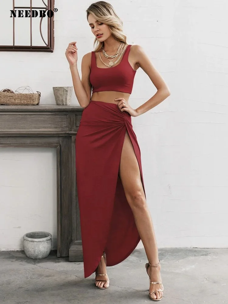 

Летний сексуальный однотонный элегантный костюм из двух предметов с юбкой, модный топ на шнуровке с длинными рукавами и облегающее мини-платье, вечерние женские наряды