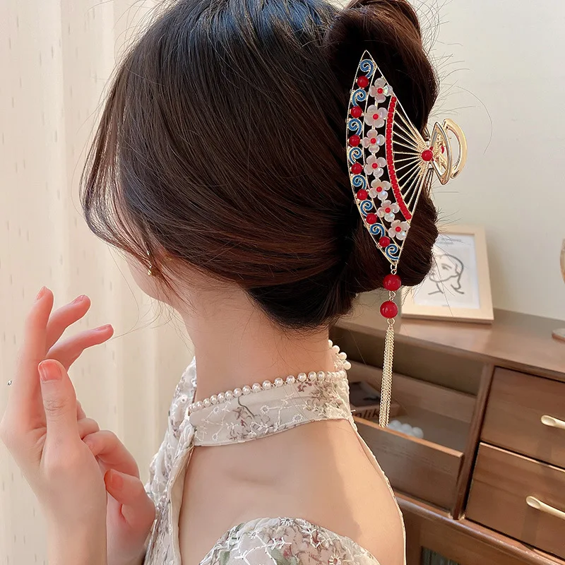 

Заколка для волос с кисточкой в китайском стиле ретро Пекинская опера веер цветок заколка для волос заколка для конского хвоста Краб аксесс...