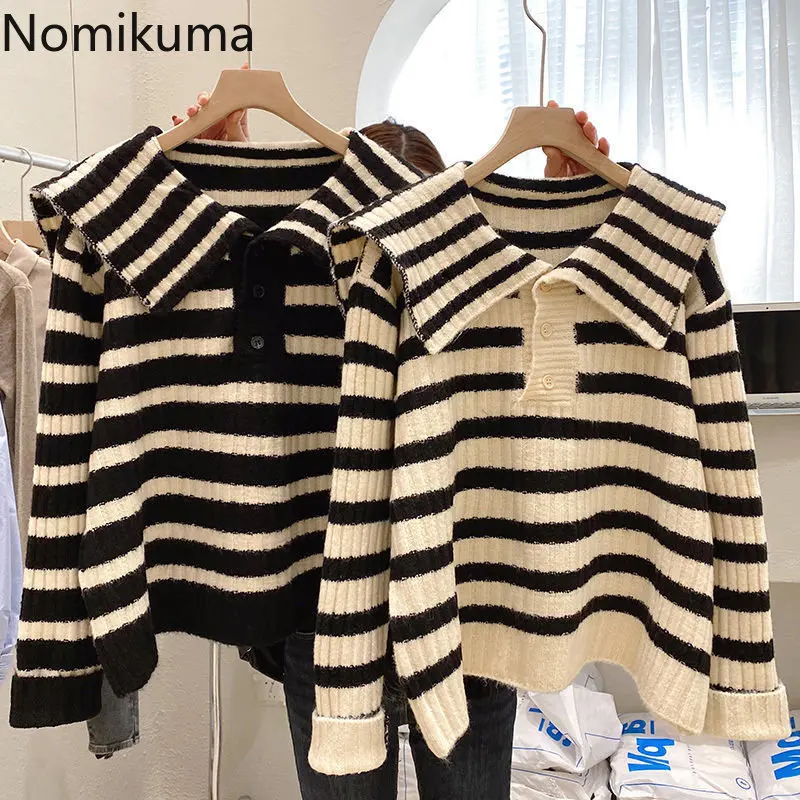 

Nomikuma Pull Femme Hiver 2022 Turn Down Collar Contrast Color Striped Loose Winter Clothes Women Japanese Retro Women Sweater