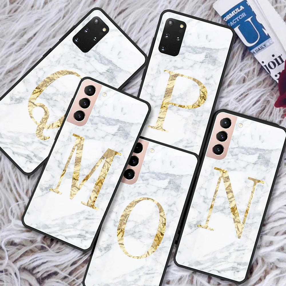 Letter R S Q White Marble Glass Case For Samsung Galaxy S20 FE S22 Ultra S21 Plus S10 S9 Note 20 10 Lite 9 8 Fashion Phone Cover