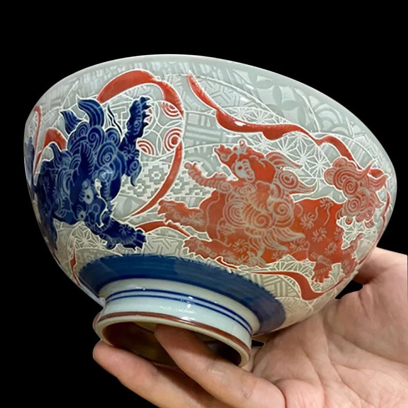 

Hand Painted Lucky Feng Shui Lion Ceramic Soup Rice Bowl Ramen Bowls Vintage Tableware Kitchen Porcelain Utensils Accessories