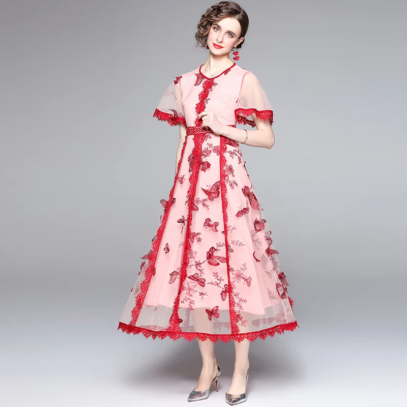 

Женское Сетчатое платье с оборками, модельное элегантное роскошное платье во французском стиле с вышивкой бабочками и цветами, лето