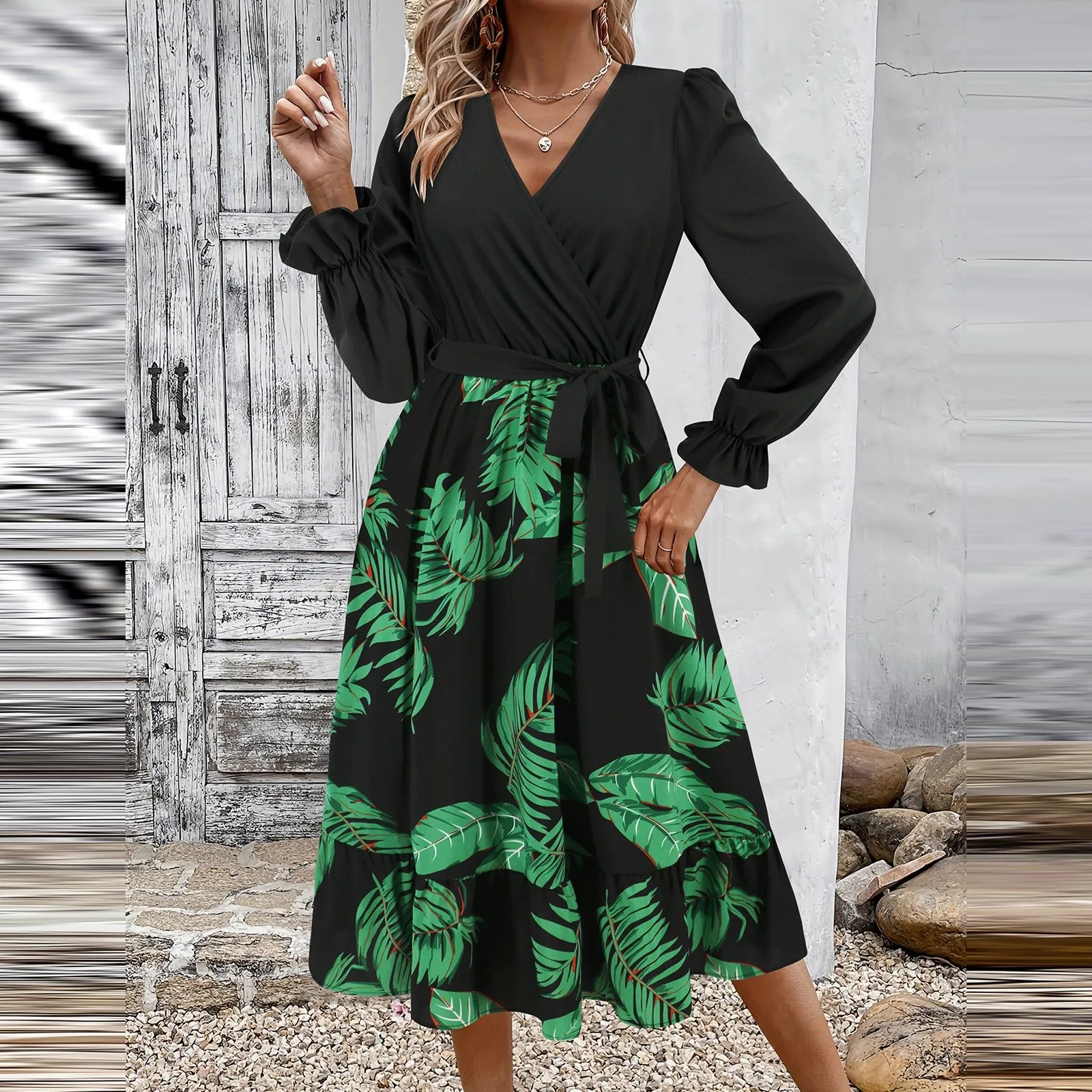 Женское платье элегантное лоскутное с длинным рукавом трапециевидная юбка