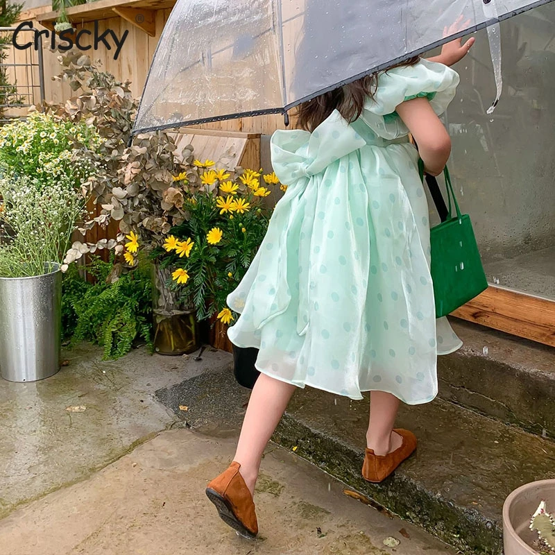 

Criscky Fashion Girl Princess Vintage Dress Tulle Child Vestido Puff Sleeve Bow Wedding Party Birthday Tutu Dress Child Clothes