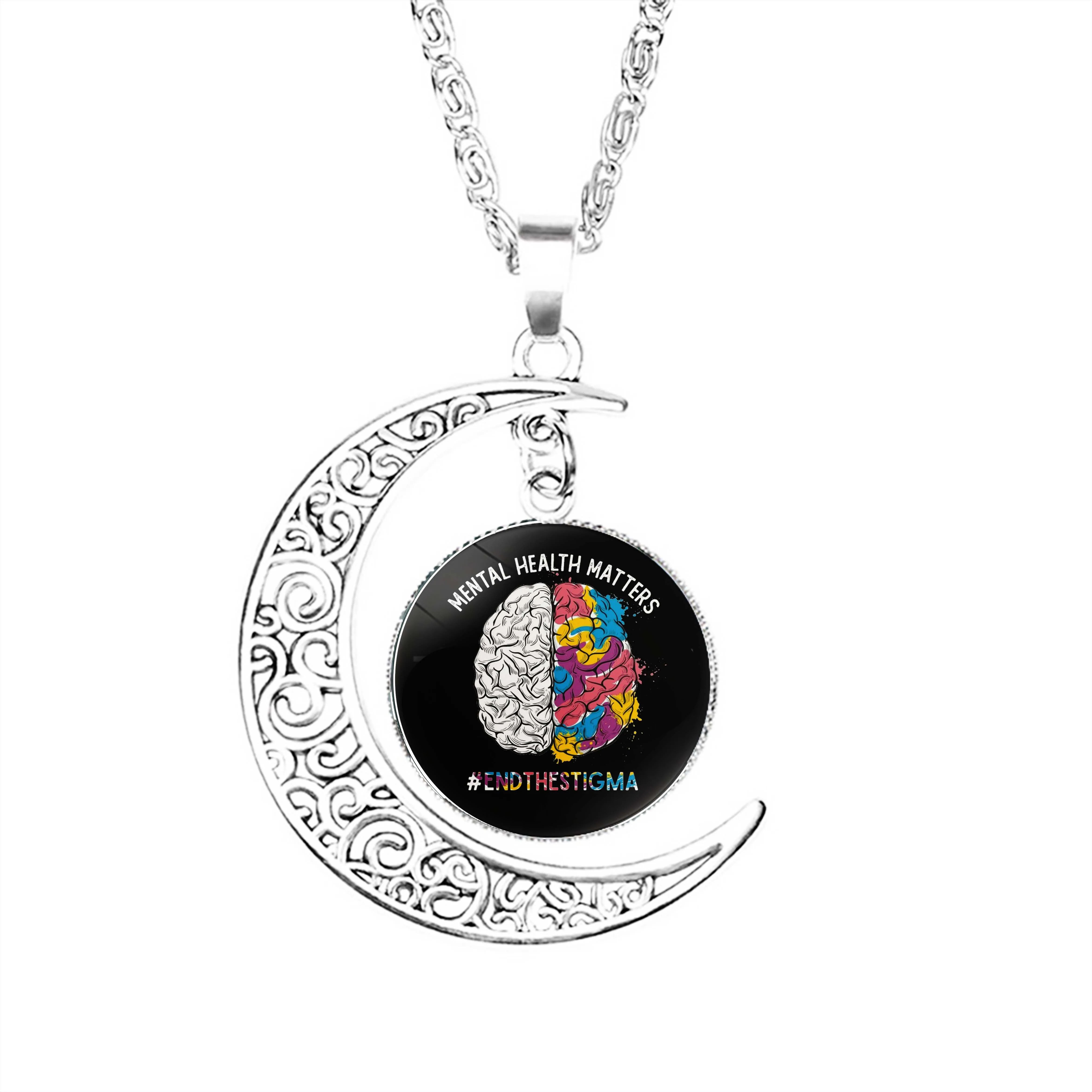 

Mental Health Matters Brain Rainbow End The Stigma Awareness Month Moon Necklace Jewelry Boy Girls Fashion Pendant Women Charm