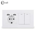 Настенная розетка стандарта ЕС COSWALL с заземлением и 2 USB-портами для зарядки, скрысветодиодный + 2 клавиши, 1-сторонний выключатель света, панель ПК