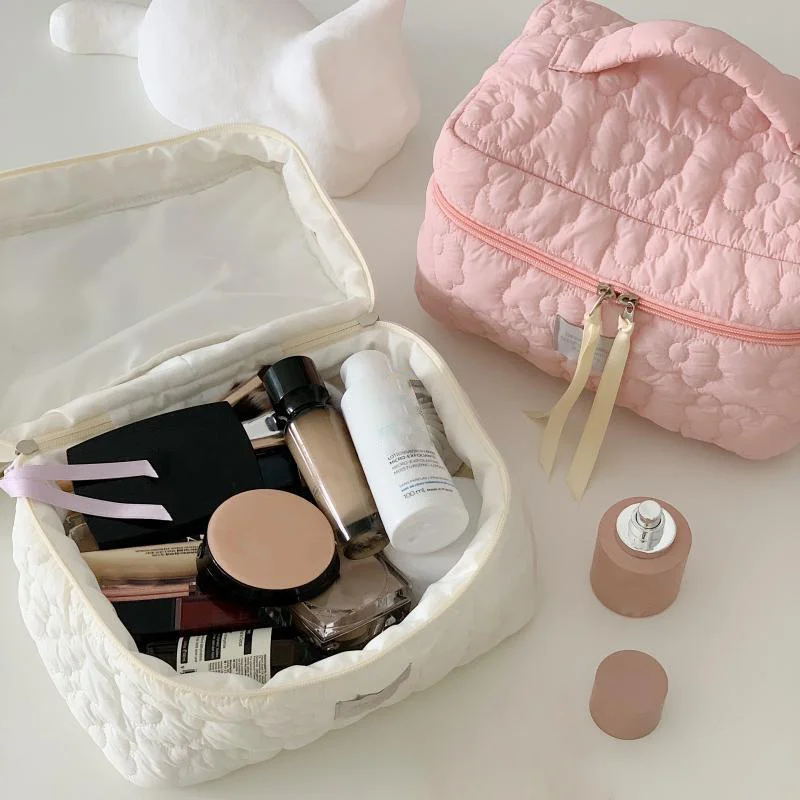 

Flower Quilting Cloth Makeup Bag Women Cosmetic Organizer Female Small Large Storage Handbag Box Shape Toiletry Case for Girl