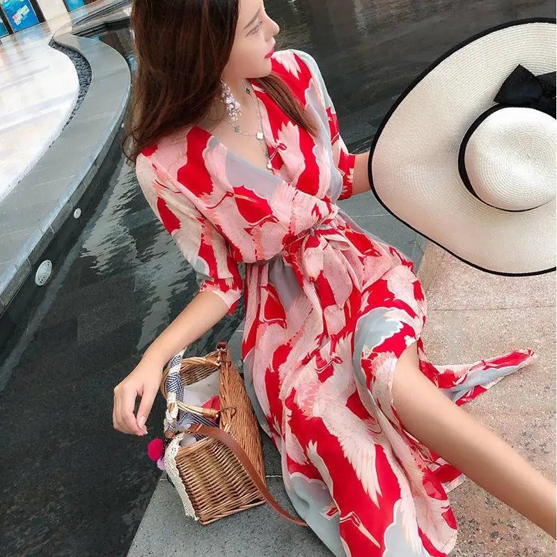 

Casual Chiffon Floral Beach Skirt Ladies Sanya Beach Photo Travel Dress Elegant Commuter Elastic Waist Super Fairy Flower Skirt