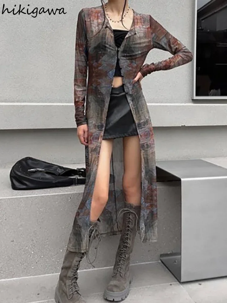 Женская винтажная блузка из газовой ткани прозрачная длинная рубашка с длинным