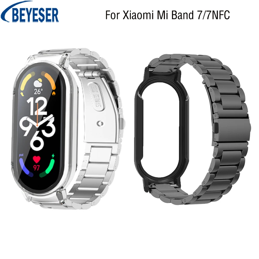 

Металлический ремешок для Xiaomi Mi Band 7/7NFC, сменный трехшариковый стальной ремешок, закаленная пленка + защитный чехол, браслет 3 в 1