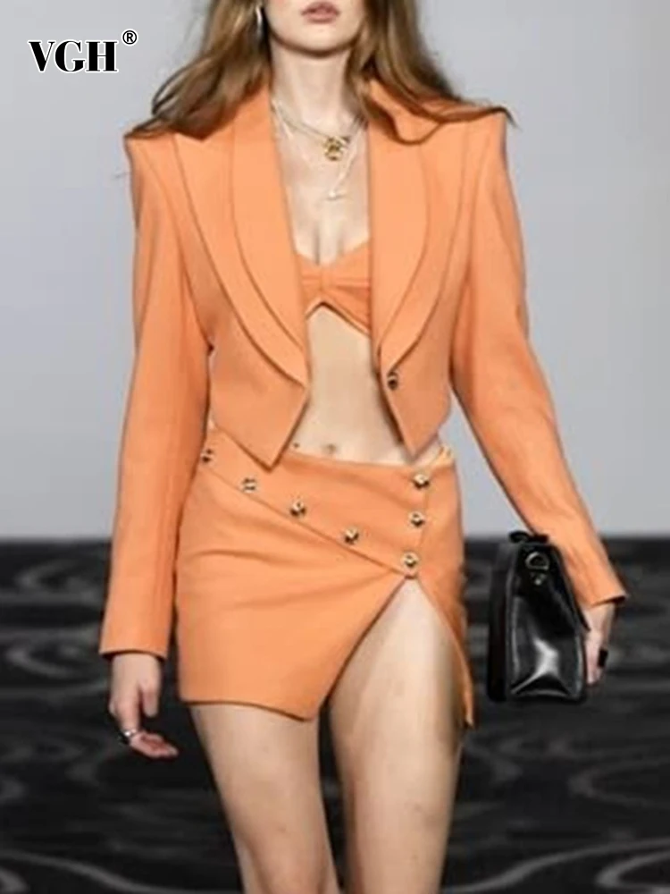 

VGH Solid Two Piece Sets For Women Notched Long Sleeve Single Button Short Top Spliced Split Thigh Skirt Sexy Set Female Summer