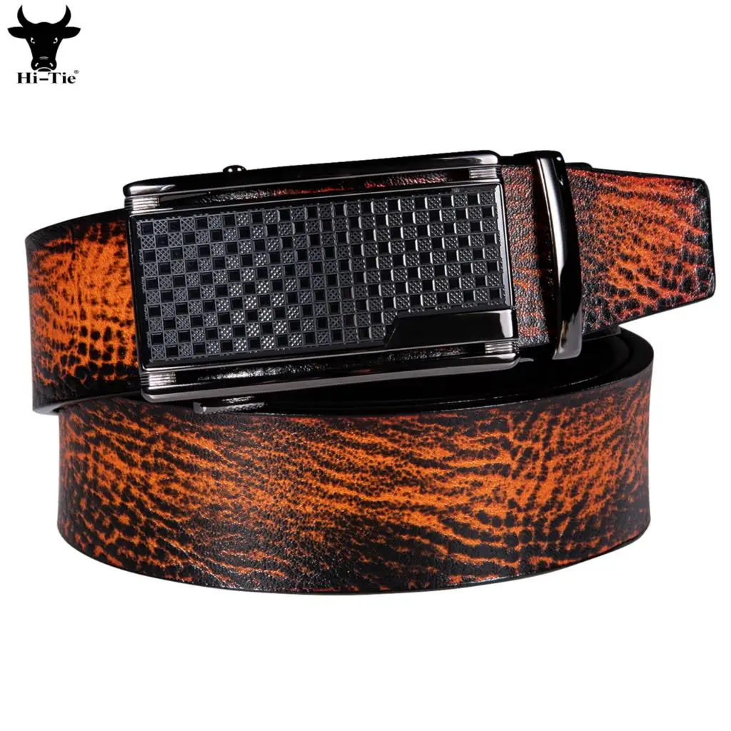 

Hi-Tie Brown Tan Genuine Leather Mens Belts Designer Black Automatic Buckles Ratchet Waistband Belt for Men Dress Jeans Business