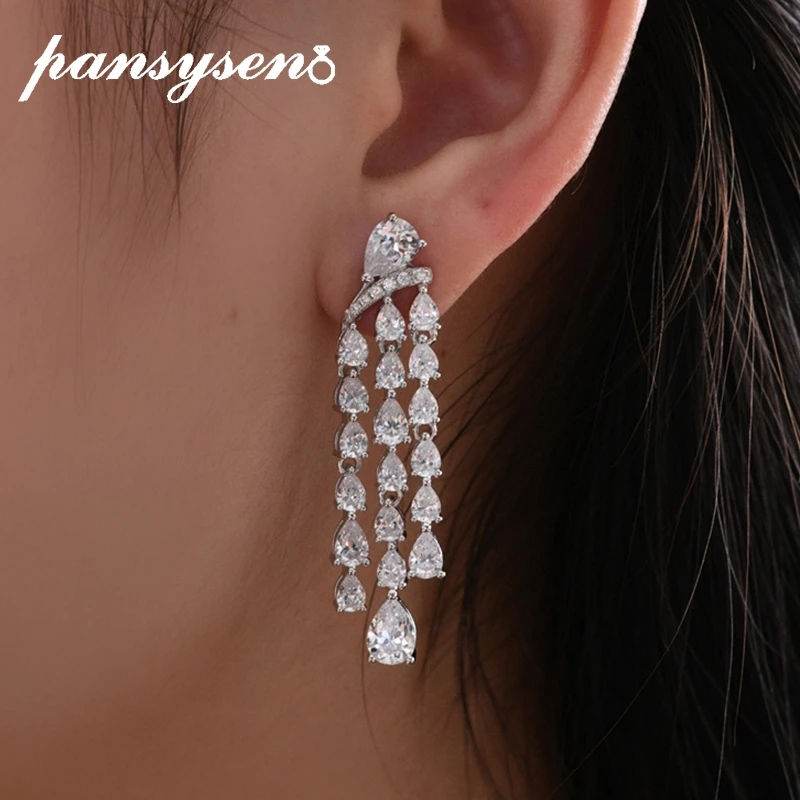 

PANSYSEN 925 Sterling Silver 1CT Pear Cut Simulated Moissanite Diamond Tassel Dangle Drop Earrings for Women Party Fine Jewelry