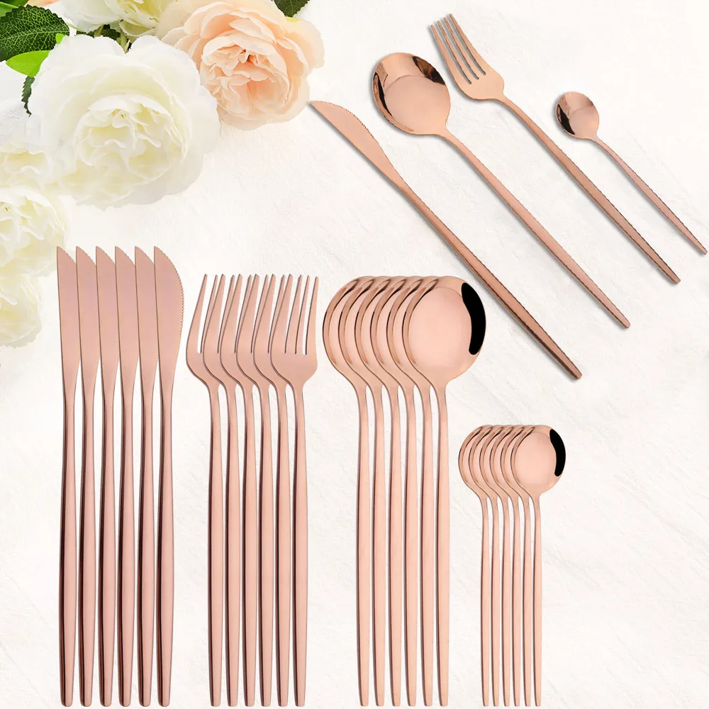 

Western 24pcs Rose Gold Dinnerware Set Mirror Knife Forks Spoons Cutlery Stainless Steel Silverware Set Kitchen Tableware Set