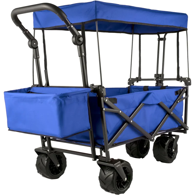 VEVORbrand Collapsible Wagon Cart Blue, Foldable Wagon Cart Removable Canopy 600D Oxford Cloth, Collapsible Wagon Oversized