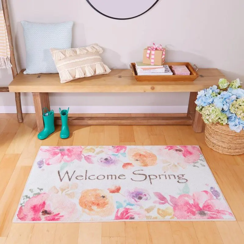 

Mat 'Welcome Spring' in Pink, 2' 6'' x 4' 2'' Carpet tiles Bath matt Peach and goma Towelie Genshin Prayer mats muslim Dead spac