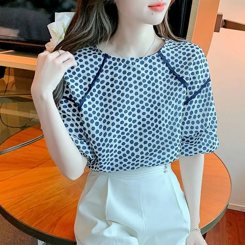 

Womens Shirt & Blouse Elegant and Youth Clothes Blue Tops for Women Dots with Puffy Sleeves Social Korea Stylish Trend 2023 Cute
