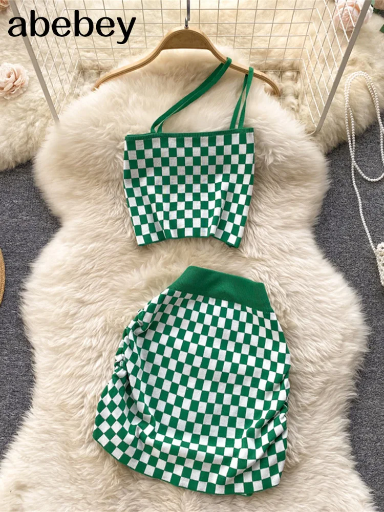 

Женский комплект из двух предметов, трикотажный клетчатый пикантный топ на бретельках с открытой спиной и облегающая мини-юбка в Корейском ...