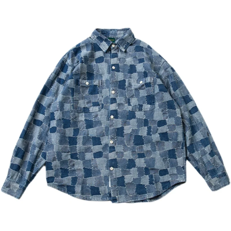 Autumn Japanese Patch Plaid Visual Printing Denim Shirt Cityboy Loose Type Long Sleeve Shirt Coat Men's Fashion