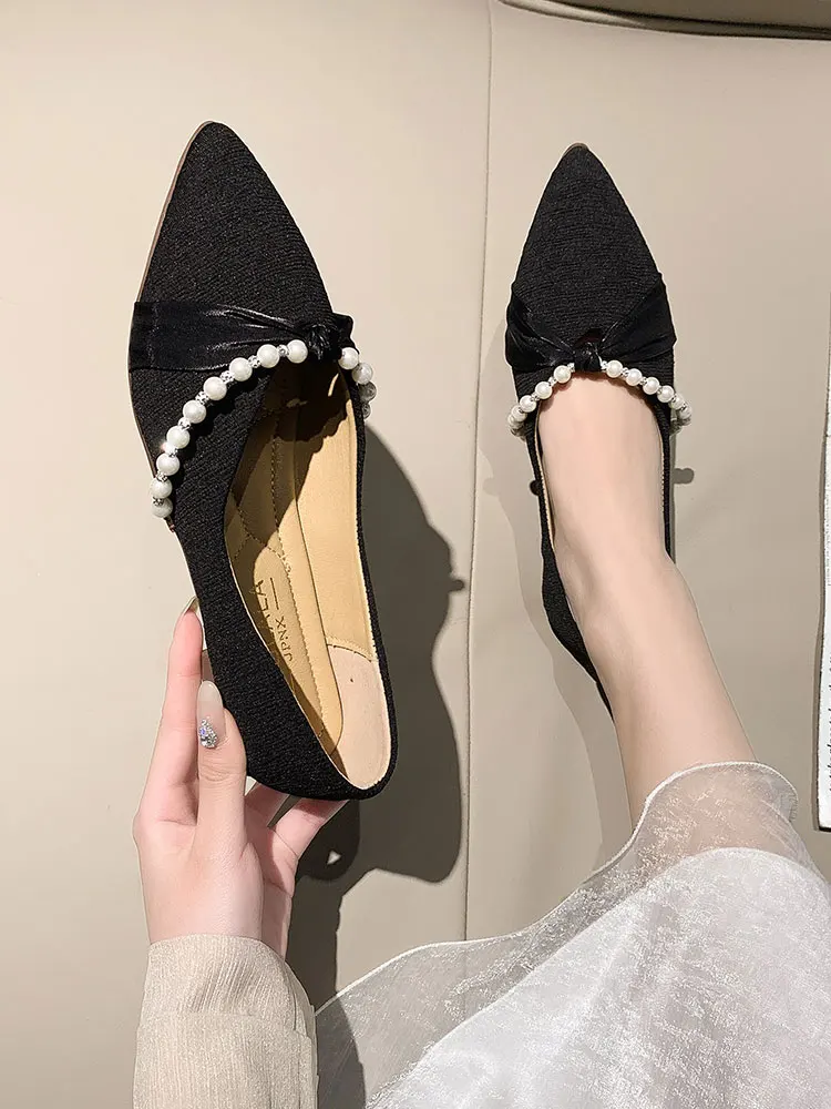 

Casual Woman Shoe Pearl Decorateion Modis Elegant Pointed Toe Female Footwear Shallow Mouth Beading Boat Summer 2022 Comfortable