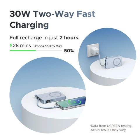 UGREEN Qi2.2 25W Power Bank с быстрой зарядкой 10000 мАч, внешний аккумулятор с кабелем Type-C для iPhone 17 Pro Max, совместимый с MagSafe 30W