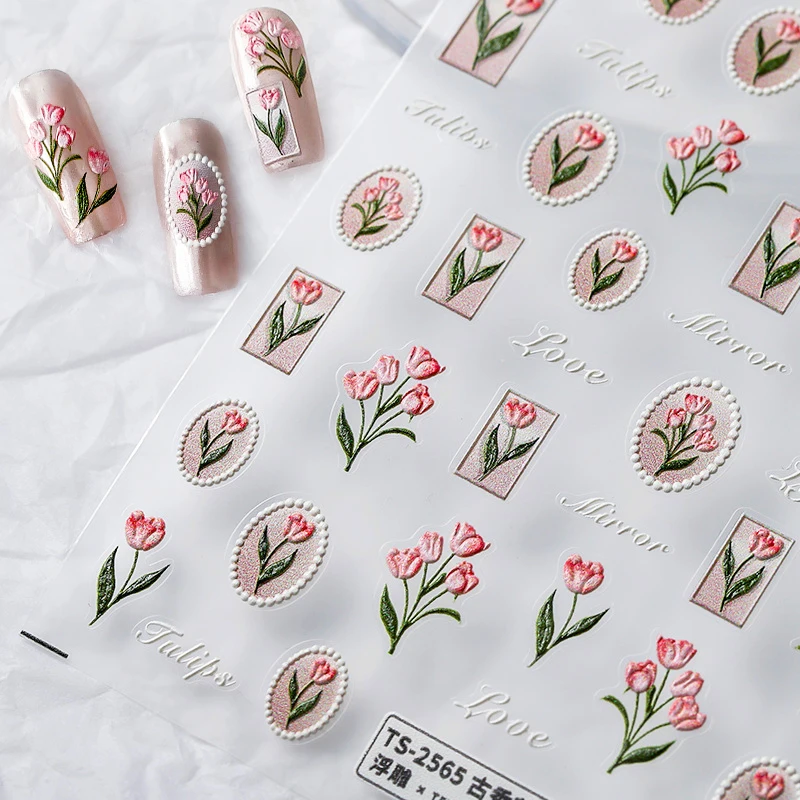 

Elegant France Pink Tulips 5D Soft Embossed Reliefs Self Adhesive Nail Art Decorations Stickers Cute Bowknot 3D Manicure Decals