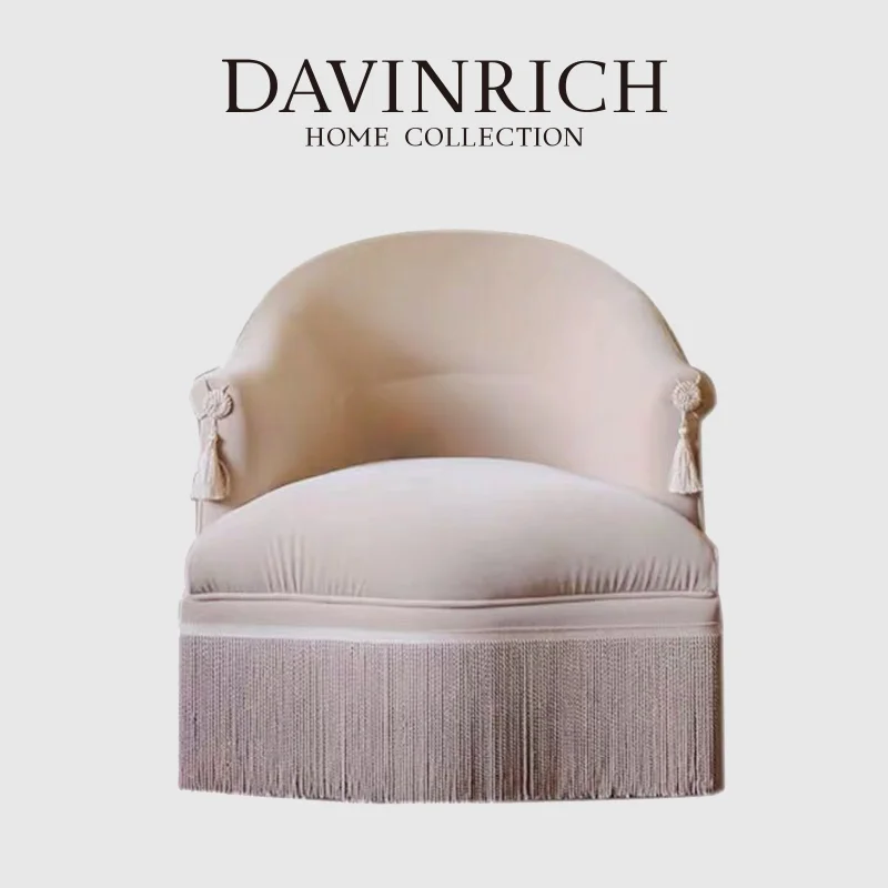 DAVINRICH Solid Dirty Pink Velvet Sofa With Tassels French Retro Style Single Couch Chair Armchair Rustic Cozy Style Home Decor
