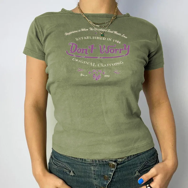 

Футболка женская с круглым вырезом, базовая Базовая рубашка с коротким рукавом, Винтажный Зеленый принт с надписью, в стиле Харадзюку, лето ...