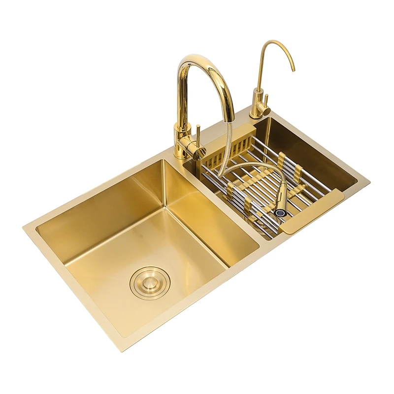 

80x45cm Above Counter Manual Gold Sink 304Stainless Steel Single Bowl Kitchen Sink Single Bowl Kitchen Sink Gold Drain