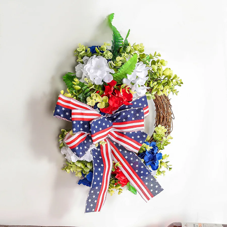 

40CM American Fourth of July Wreath Christmas Day Bow Rattan Circle Door Hanging Window Scene Decorations