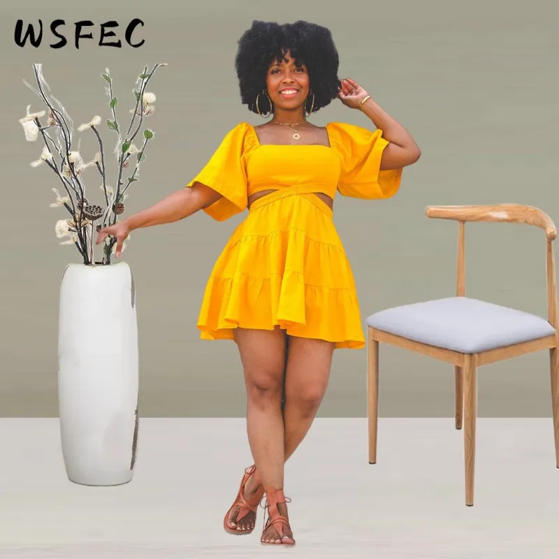 

WSFEC S-2XL Летняя коллекция 2023 года, женская одежда, Пляжное мини-платье с коротким рукавом, лоскутное платье с оборками, повседневное сексуальное платье, женские наряды