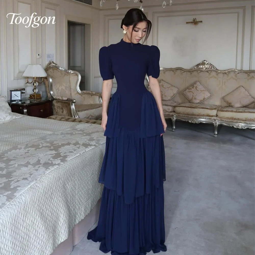 Фото Toofan с коротким рукавом синие платья для выпускного вечера атласное шифоновое женское вечернее платье с оборками длинные вечерние платья для особых мероприятий по индивидуальному заказу №1