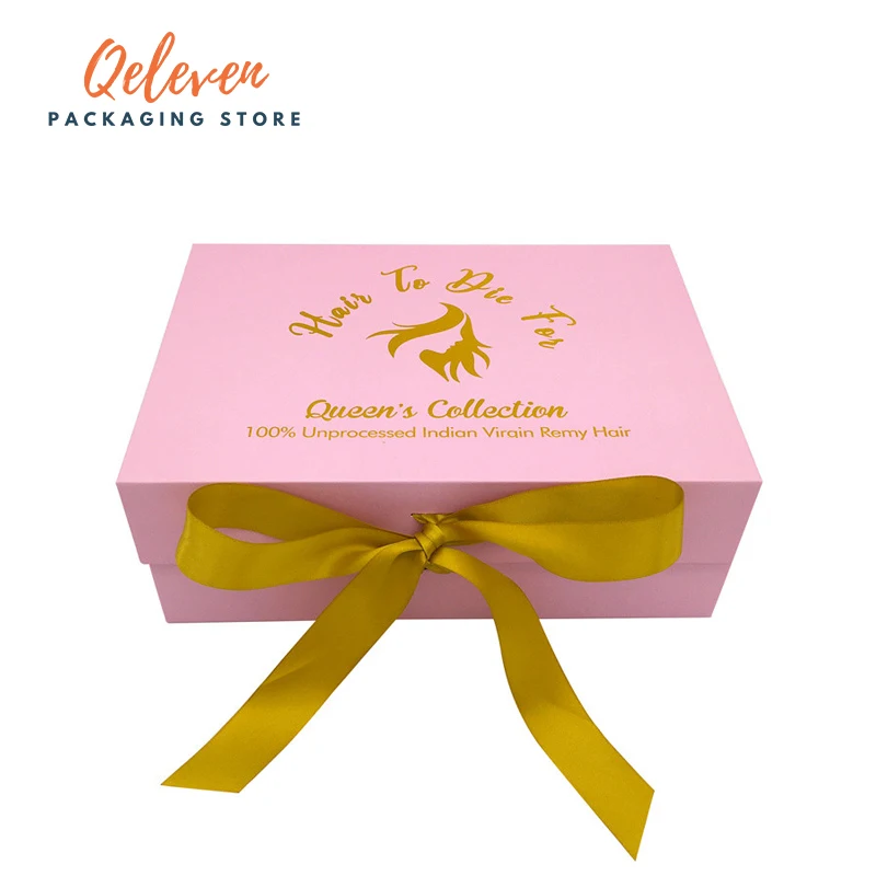 

Custom Logo Cosmetics Gift Hair Packaging Boxes Luxury Satin Insert Foldable Paper Storage Pink Magnetic Folding Box With Ribbon