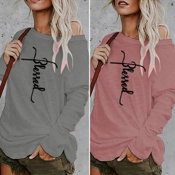 Women Shirt Long Sleeve Letter Print Breathable Blouse Fashion One Shoulder Loose Pullover Top Female Clothing Streetwear 2022 2